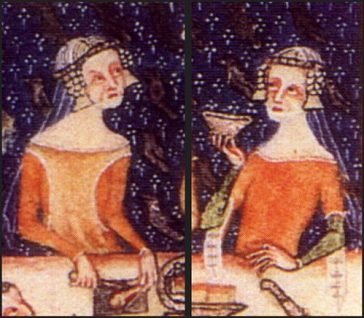 You can see this style under these high-class ladies' almost sheer veils (Luttrell Psalter (c.1325-1335 - BL Add MS 42130)