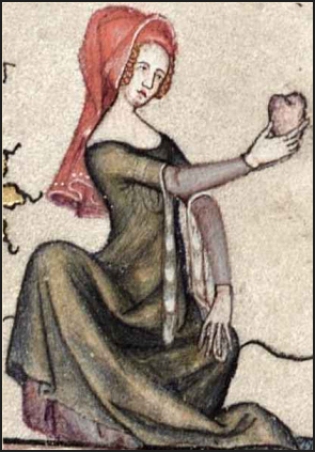 Here the lady has placed a hood over her plaits (Romance of Alexander, 1338-44, fol 59r)